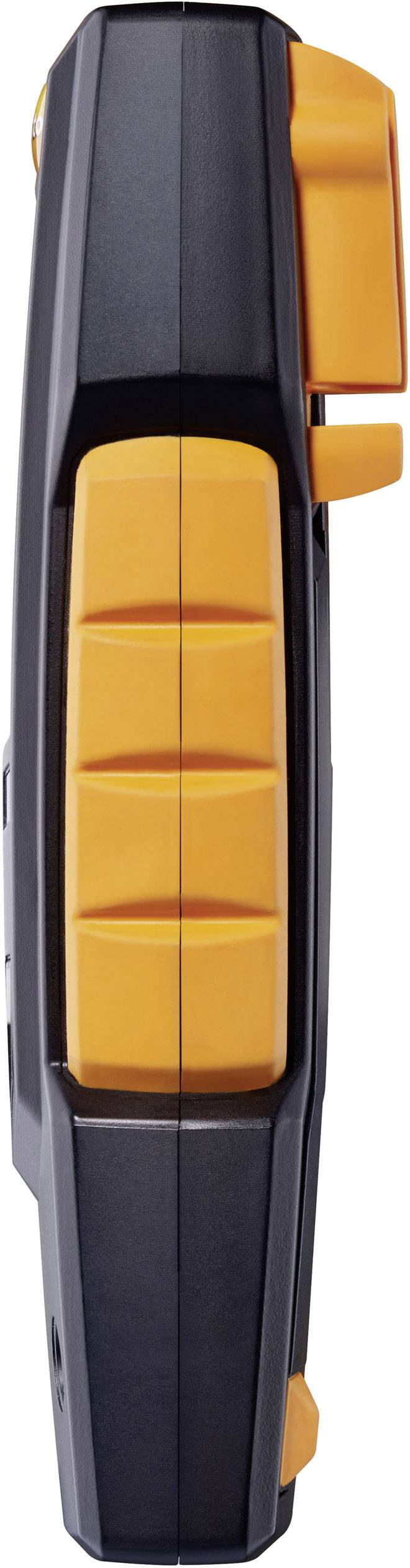 Seitenansicht eines schmalen elektronischen Geräts mit vier orangefarbenen Tasten und einem Schalter, vermutlich ein Messinstrument.