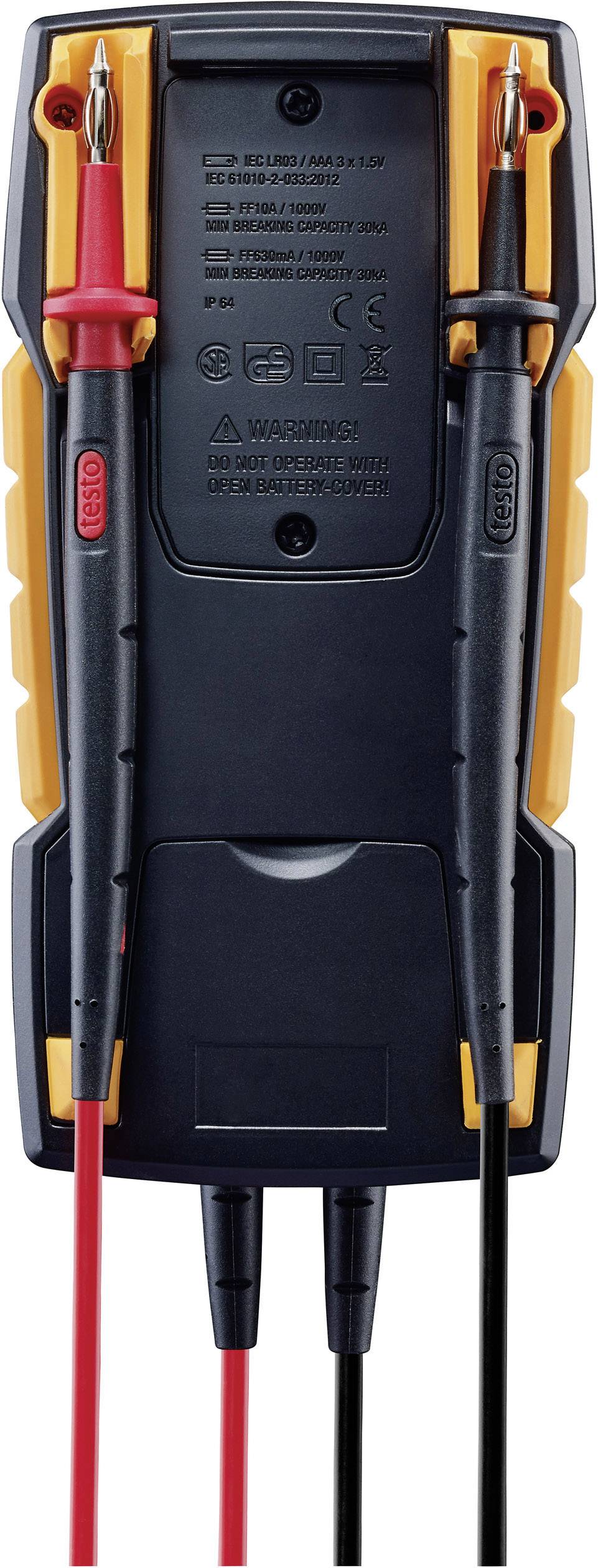 Digitalmultimeter von hinten mit zwei Messleitungen, rot und schwarz, die in dafür vorgesehenen Halterungen fixiert sind.