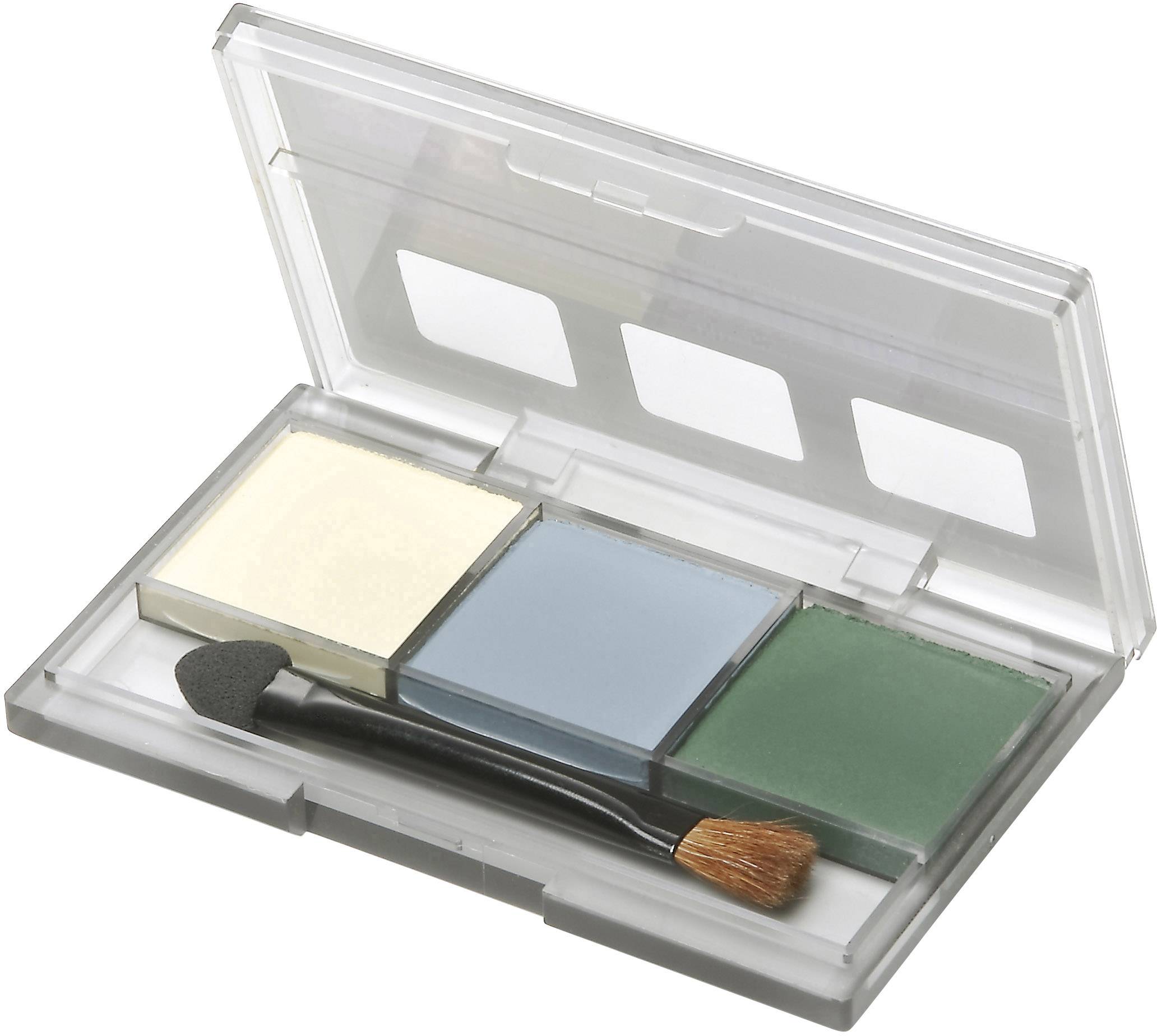 Ein aufklappbarer Lidschatten in drei Farben: Creme, Blau und Grün, mit zwei Pinseln im Etui. Geeignet für Augen-Make-up-Anwendungen.