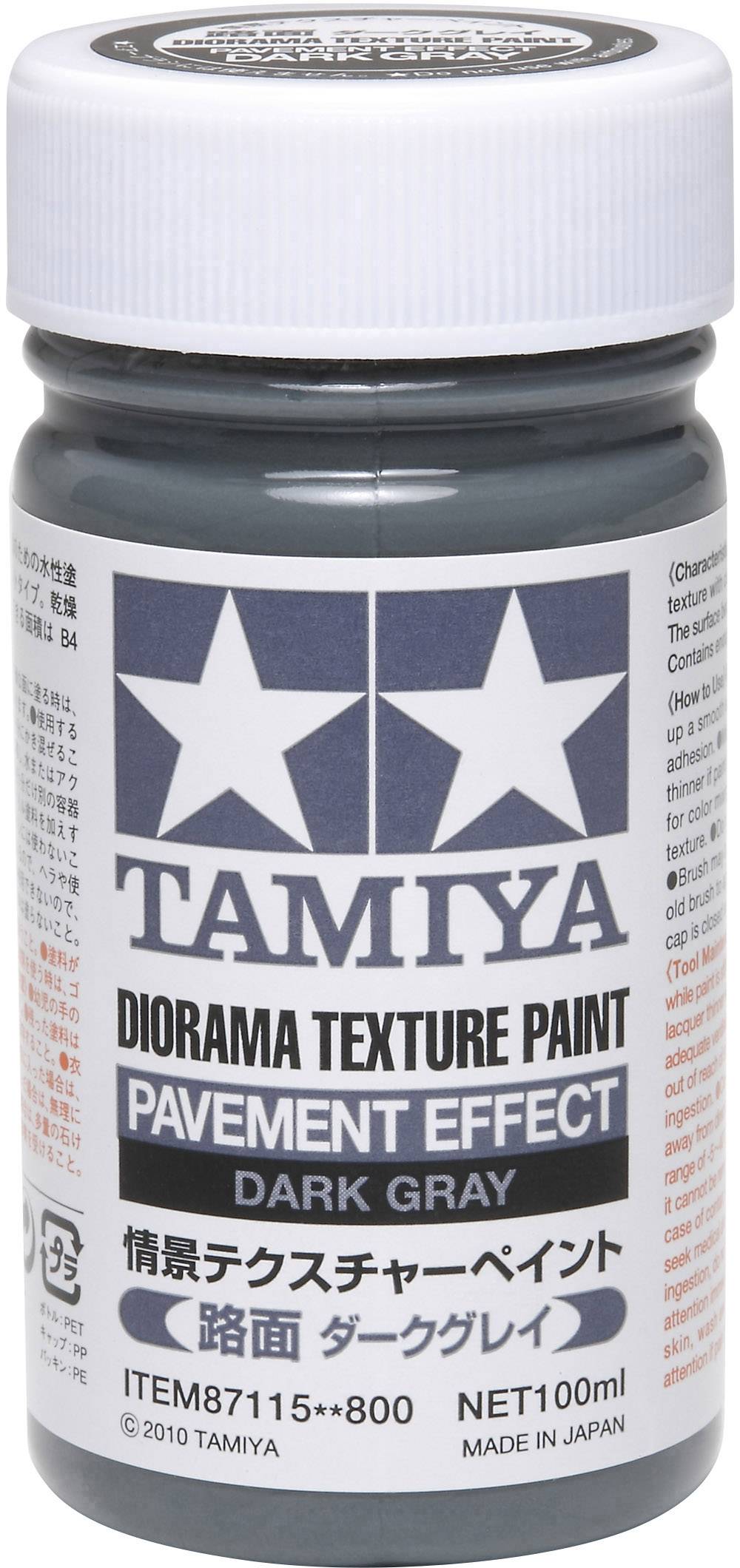 Flasche Tamiya Diorama Texture Paint, Farbton 'Dark Gray', mit Texturen für Miniaturen. Aufschrift auf Etikett: 'Pavement Effect'.