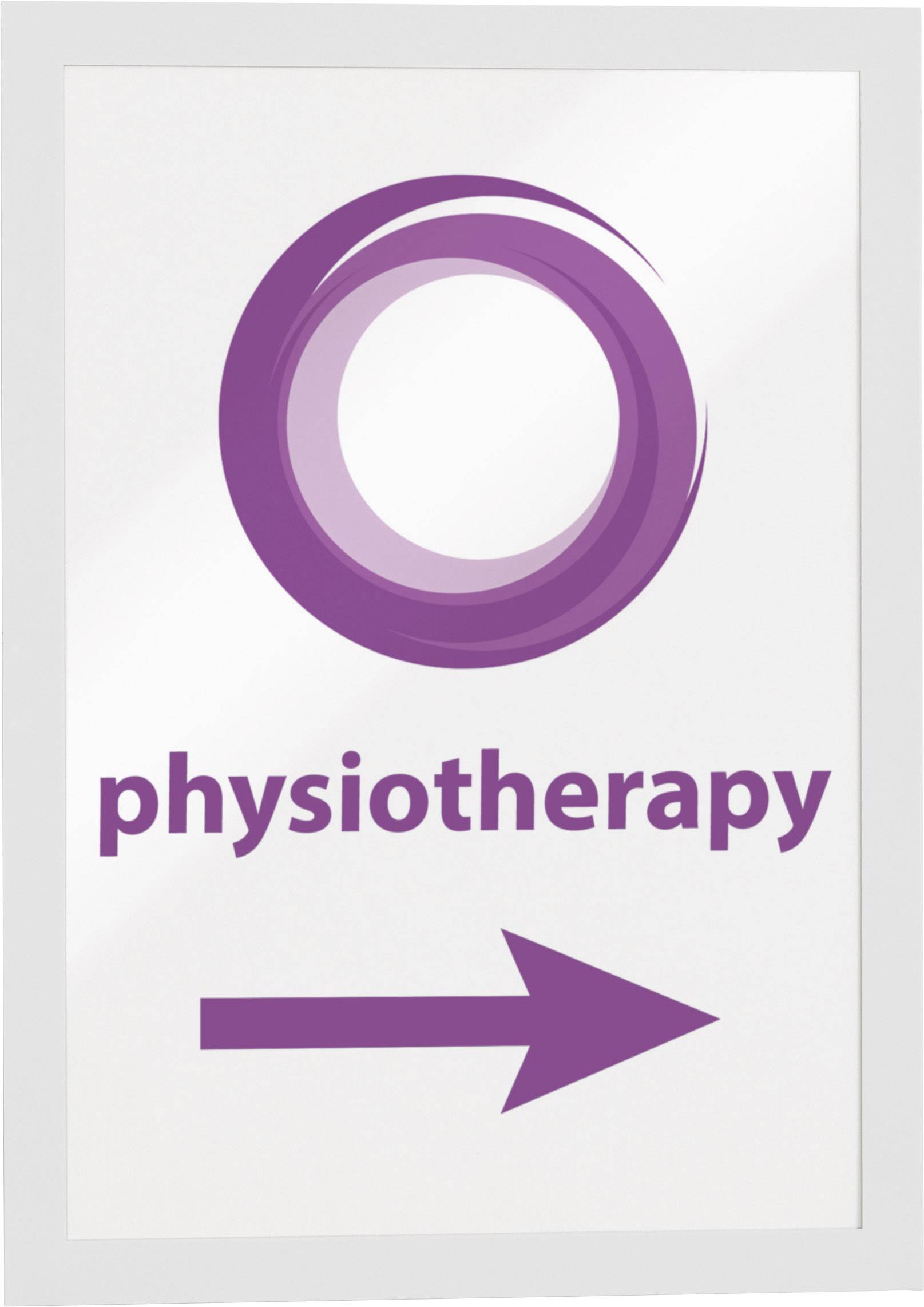 Ein violettes Logo mit einem Kreis über dem Wort 'physiotherapy' und einem Pfeil zeigt die Richtung zur Physiotherapie an.