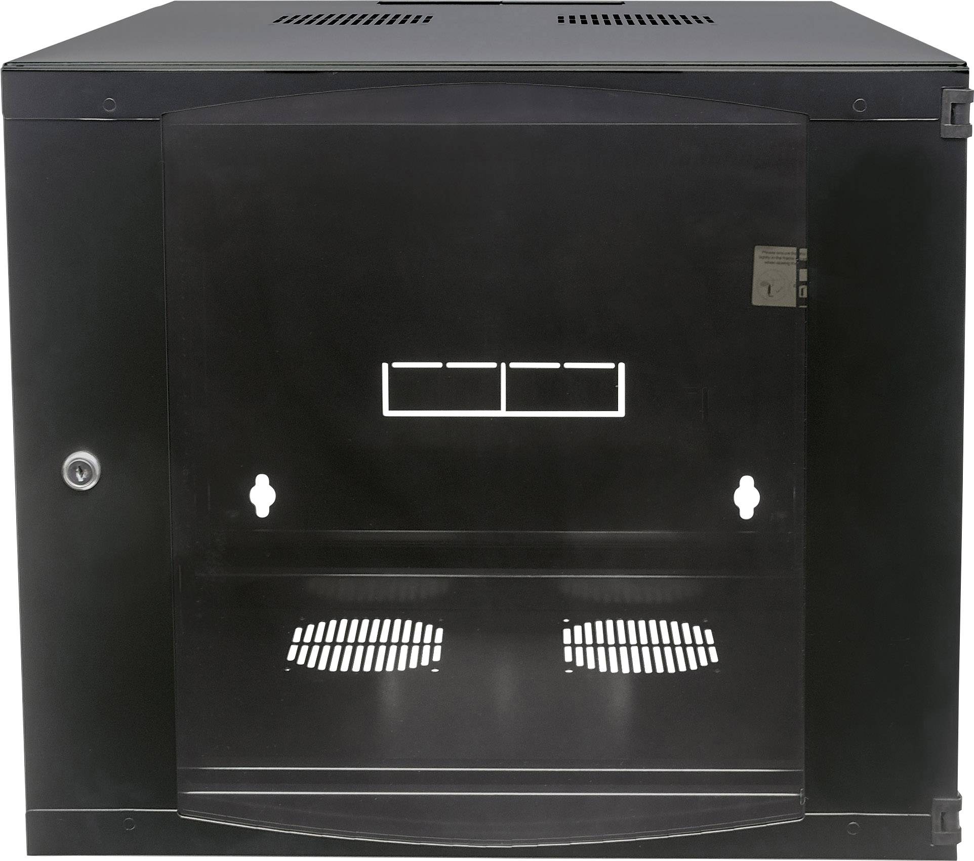 Schwarzer Netzwerkschrank mit vorderer Glastür und Lüftungsschlitzen, geeignet für Server- oder IT-Ausrüstung.