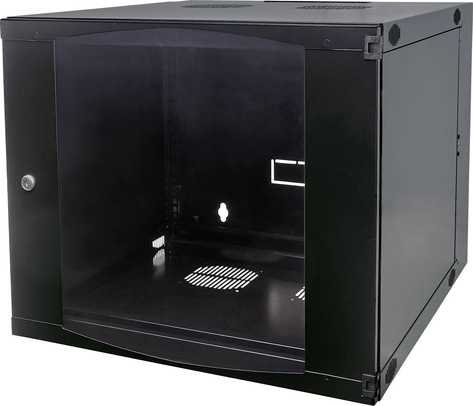 Ein schwarzes, leeres Serverrack aus Metall mit einer verglasten Tür, das zur Montage von IT-Ausrüstung in Serverräumen dient.