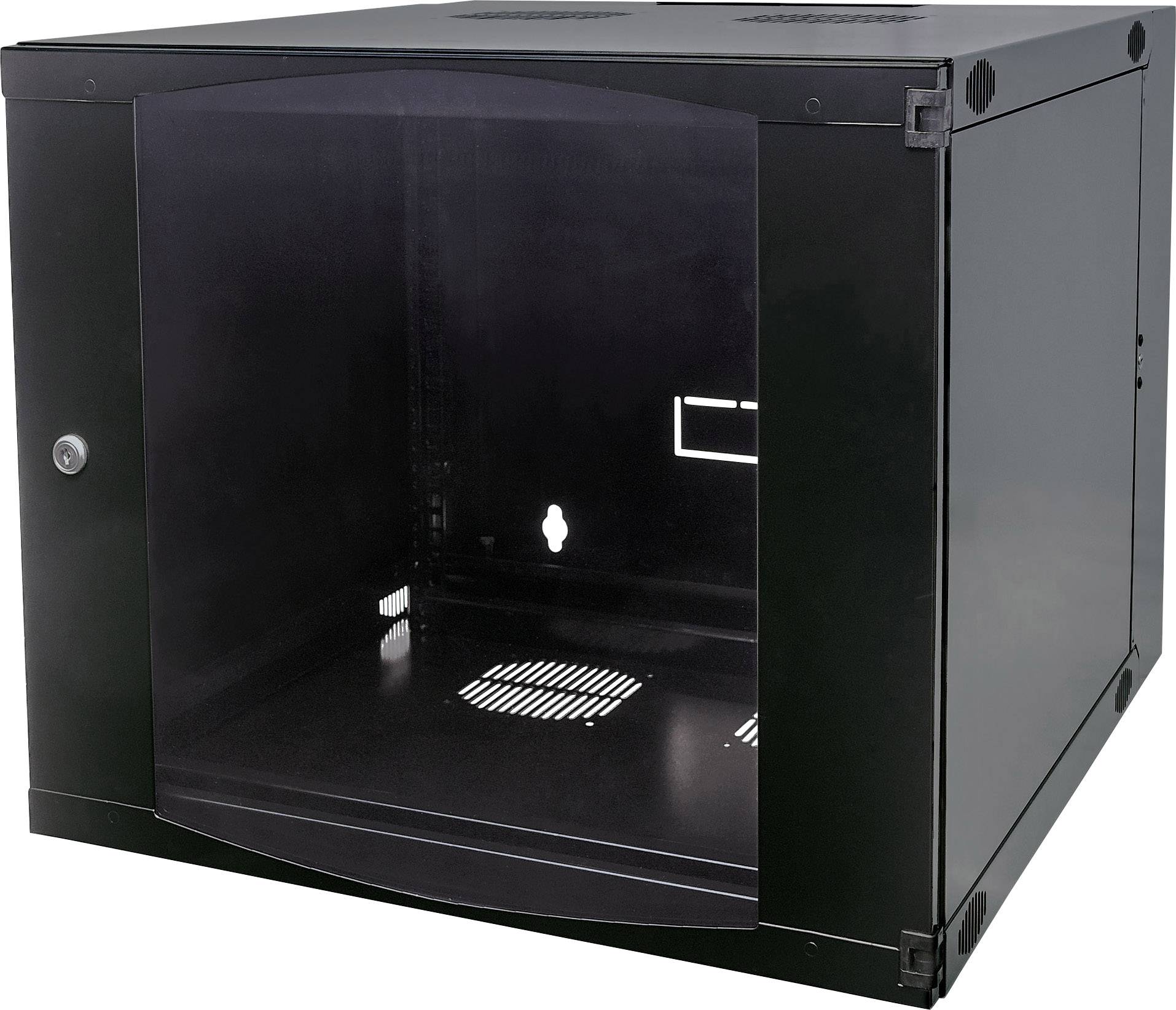 Schwarzes, leeres Server-Rack-Gehäuse aus Metall mit Glastür und Belüftungsöffnungen, geeignet zur Unterbringung von IT-Geräten.