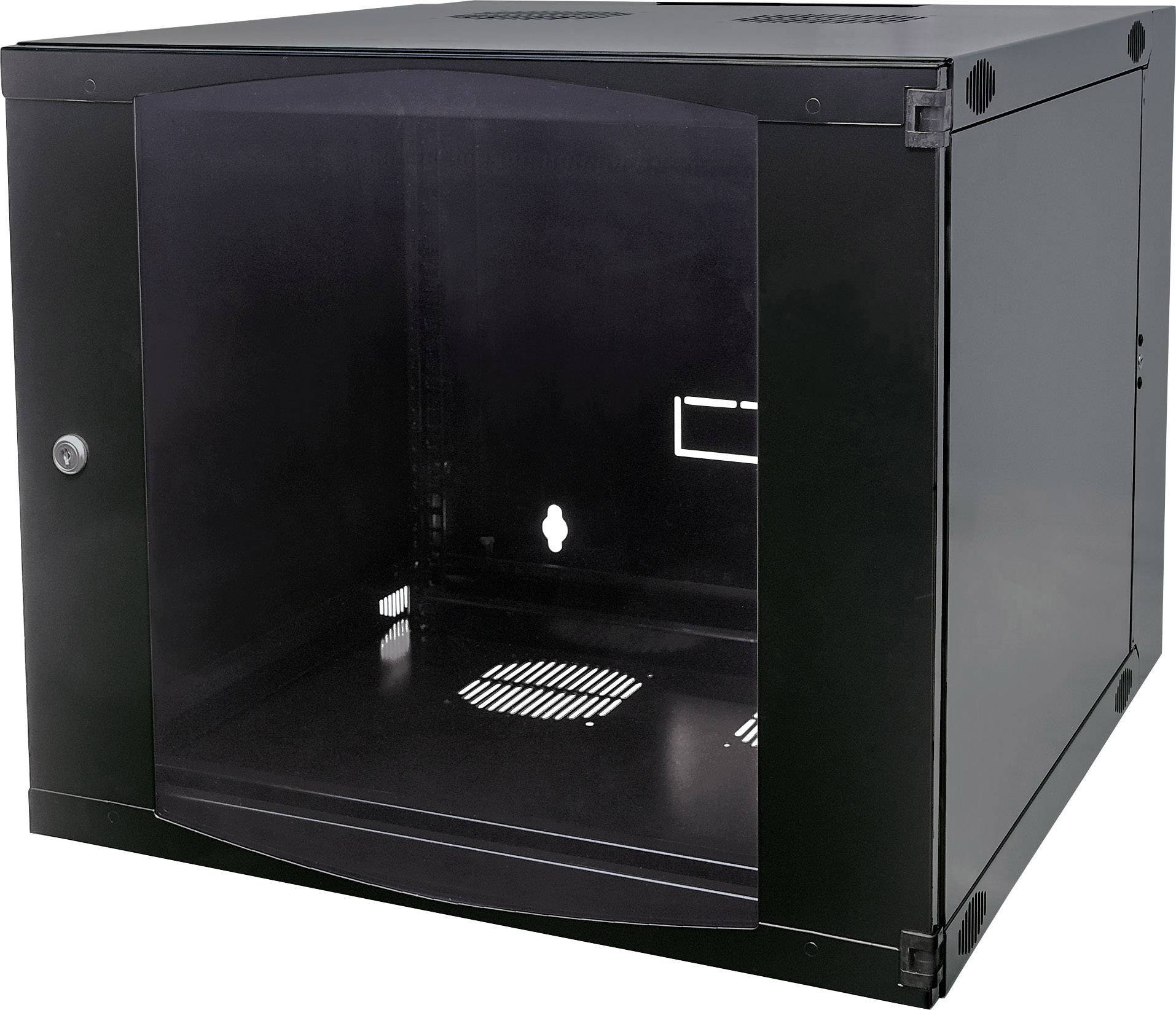 Ein leerer, schwarzer IT-Netzwerkschrank mit Glastür. Ideal zur Aufbewahrung von Servern und Netzwerkgeräten in Büroumgebungen.