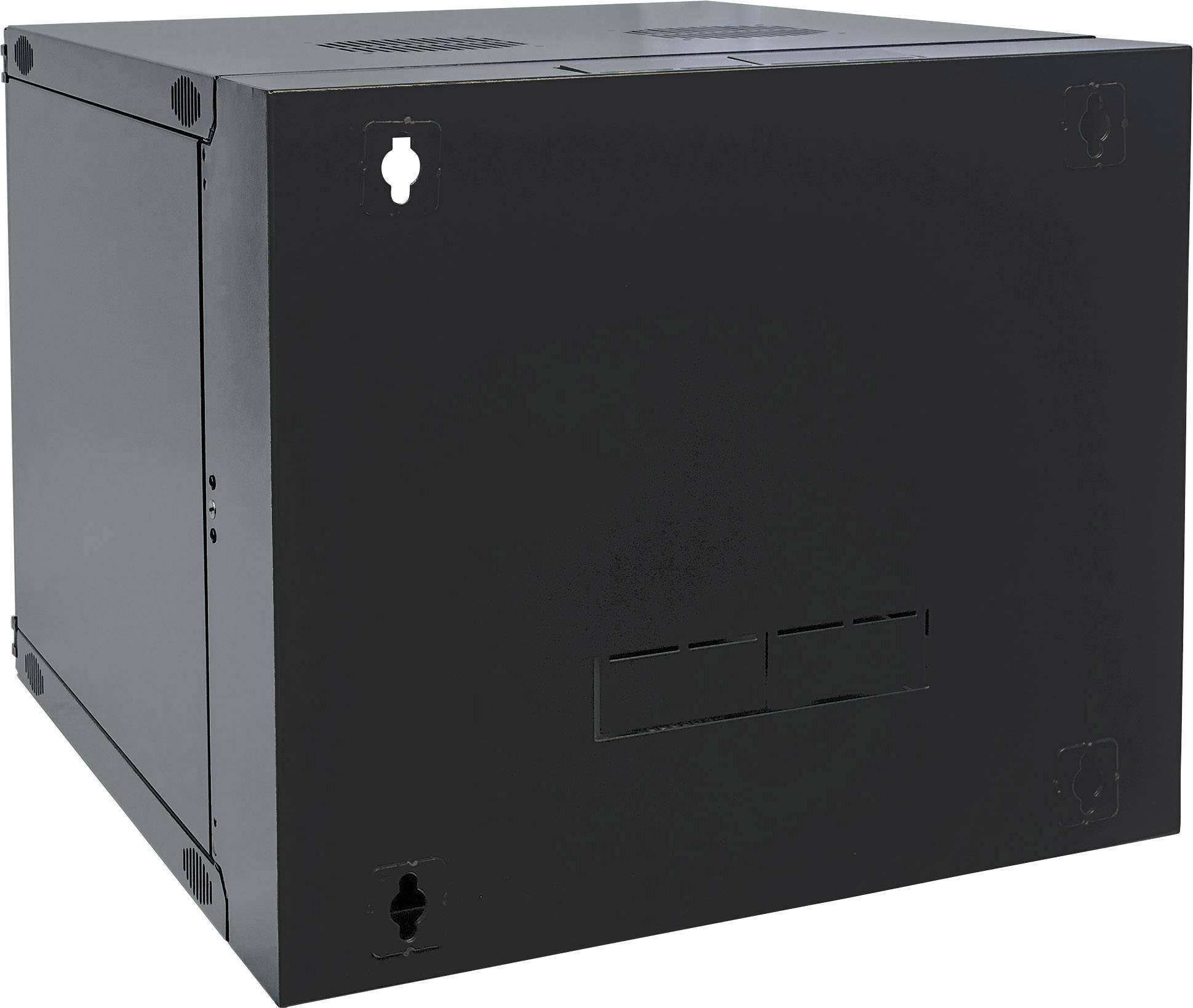 Ein schwarzer Metallrahmen oder Schrank, wahrscheinlich zur Lagerung oder Sicherung elektronischer Geräte, mit Wandhalterungen.