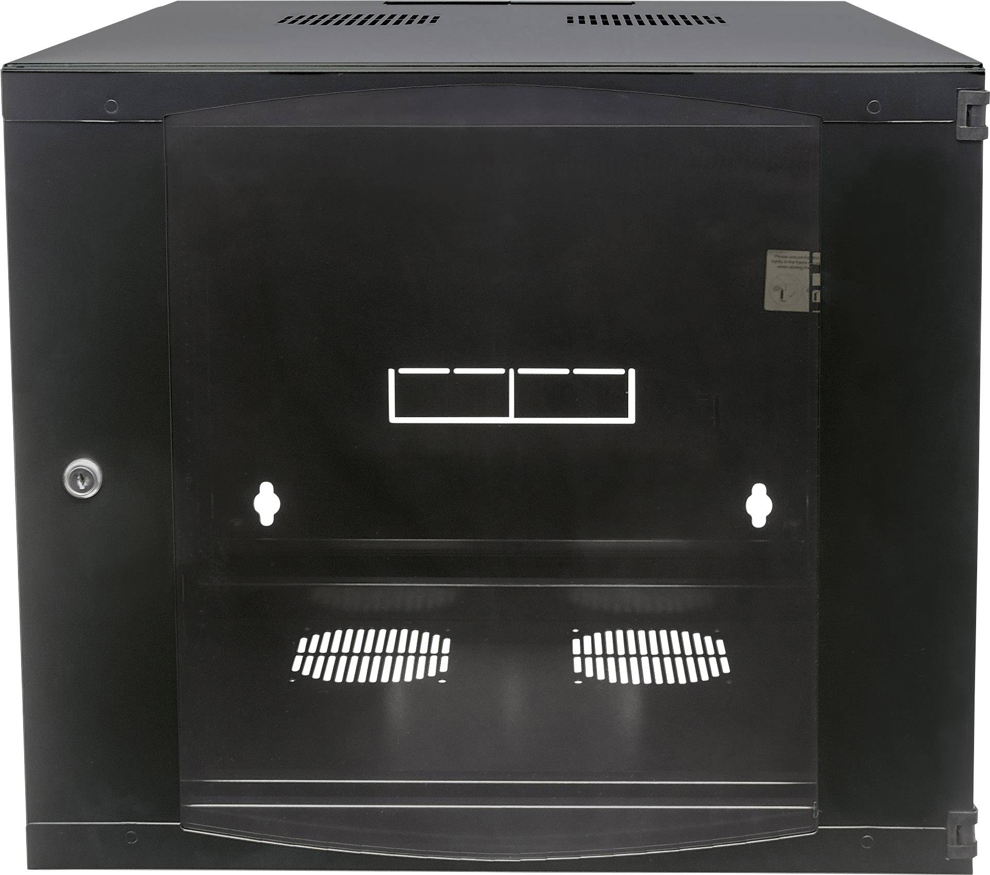 Schwarzer Netzwerk-Wandschrank mit Glastür, geeignet für die Montage von IT- oder Netzwerkgeräten in Büroumgebungen.