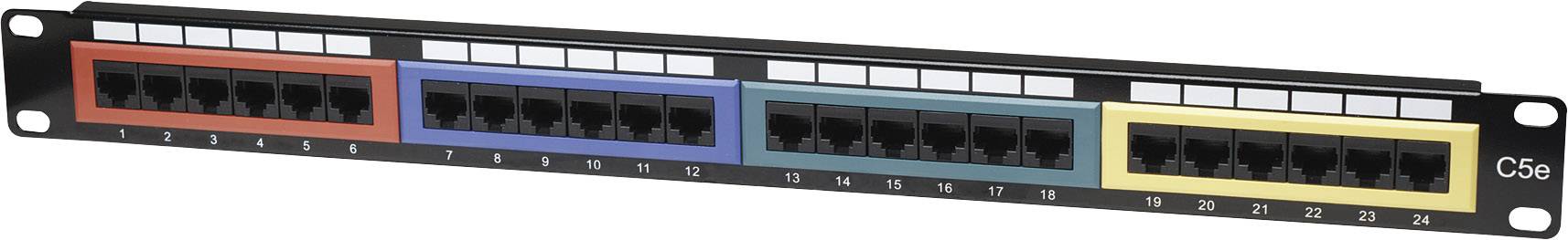 Patchpanel mit 24 RJ45-Anschlüssen, farblich kodiert in Rot, Blau, Grün und Gelb. Markierungen nummerieren die Anschlüsse von 1 bis 24.