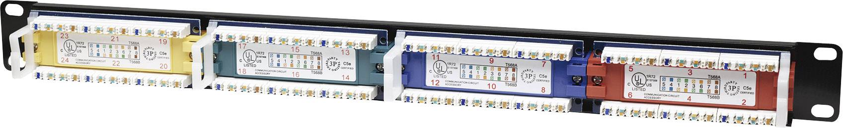 Ein Patchpanel mit farbigen Modulen zur Organisation von Netzwerkkabeln, beschriftet mit Zahlen für die Portidentifikation.