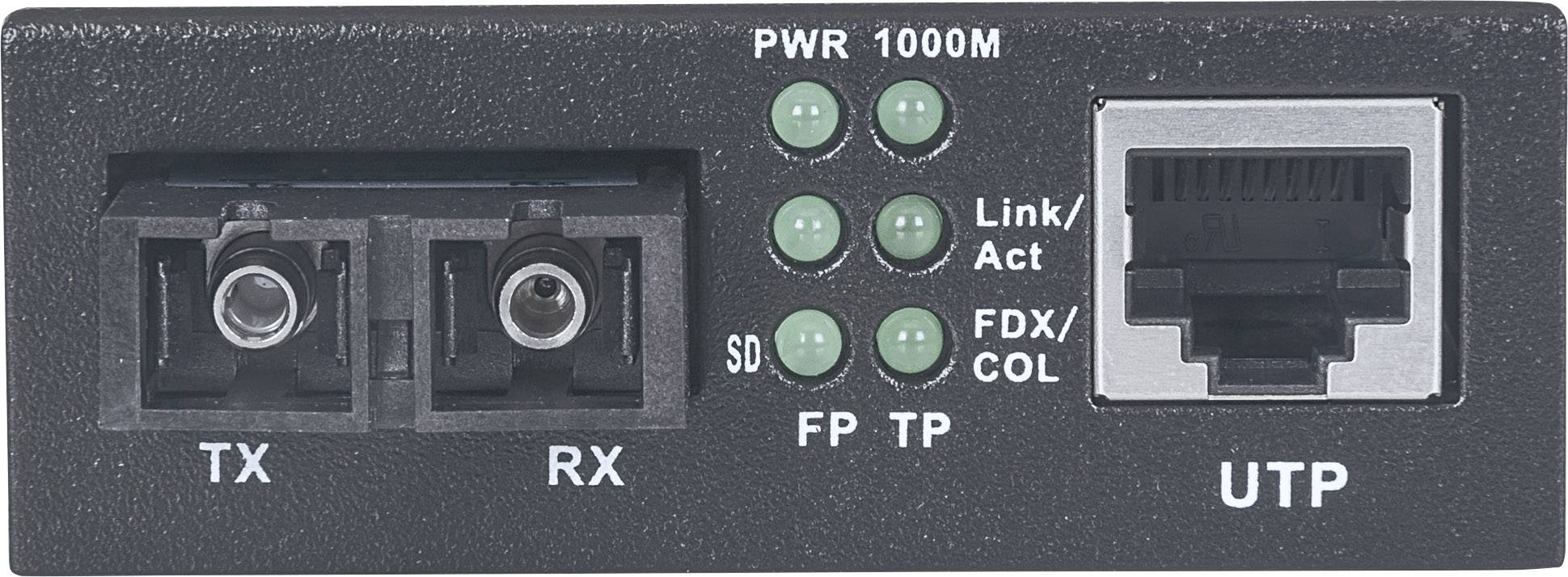 Ein Netzwerkmodul mit Glasfaseranschlüssen 'TX' und 'RX' sowie einem UTP-Anschluss. LED-Anzeigen zeigen den Status: 'PWR', '1000M', 'Link/Act', 'FDX/COL'.