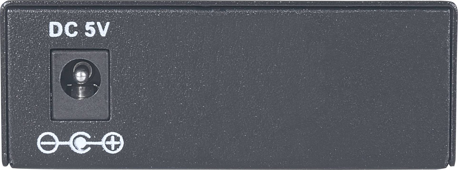 Schwarzes Gerät mit einer DC 5V Buchse links und drei kleinen Symbolen darunter, die positive und negative Polaritäten anzeigen.