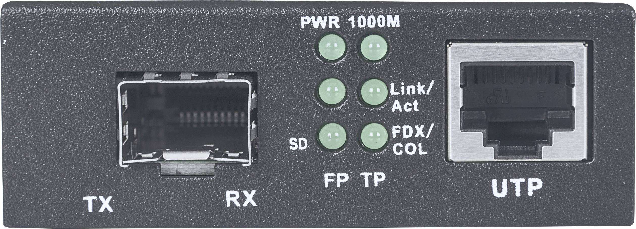 Netzwerkadapter mit TX-und RX-Ports, PWR-Anzeige für 1000M, SD-Anzeige, FP und TP-Anzeige, Link/Act, FDX/COL-Statusleuchten, UTP-Port.