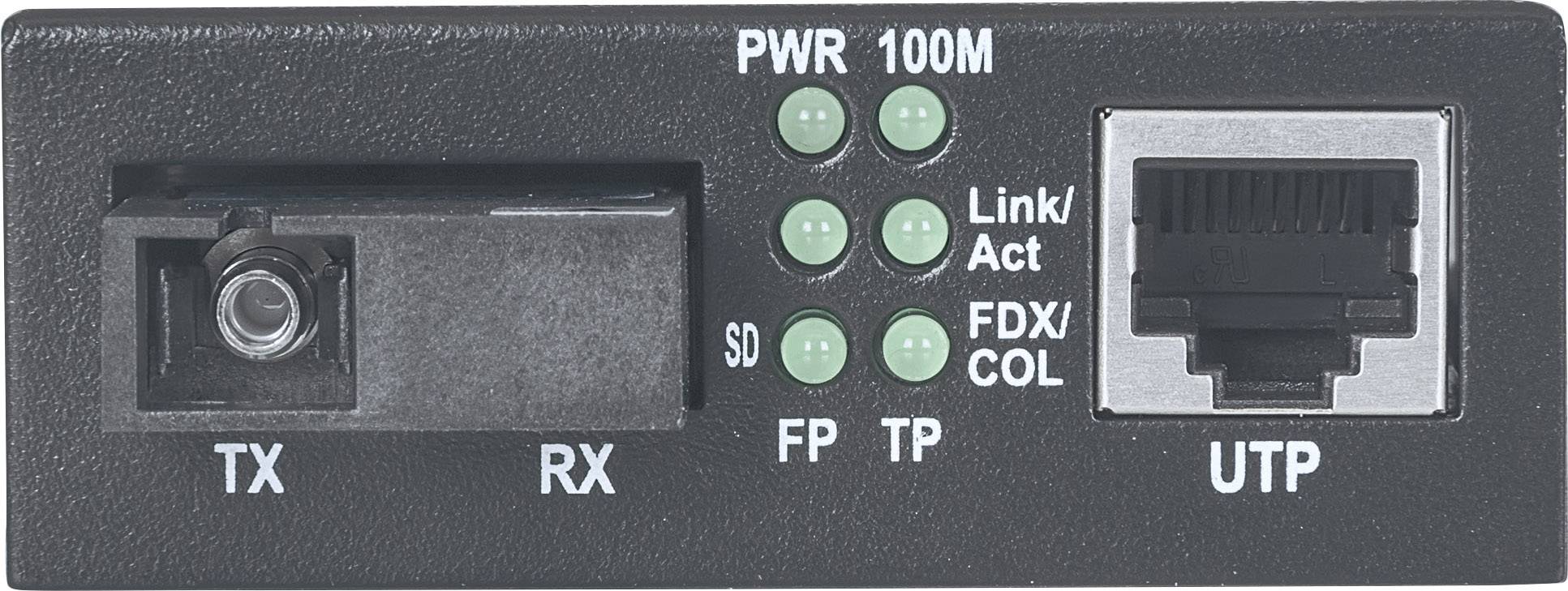 Ein Netzwerkgerät mit Anschlüssen: links eine Glasfaserverbindung (TX und RX), rechts ein UTP-Ethernet-Anschluss, grüne Status-LEDs oben.