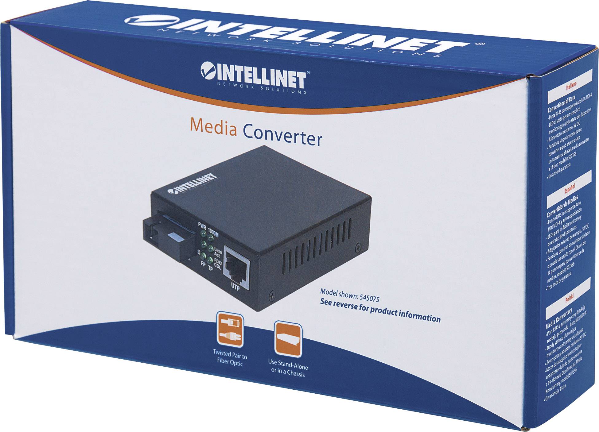 'Intellinet Media Converter' Verpackung zeigt ein einzelnes Netzwerkgerät mit einem Glasfaser- und einem Ethernetanschluss, geeignet für den Standalone-Einsatz.