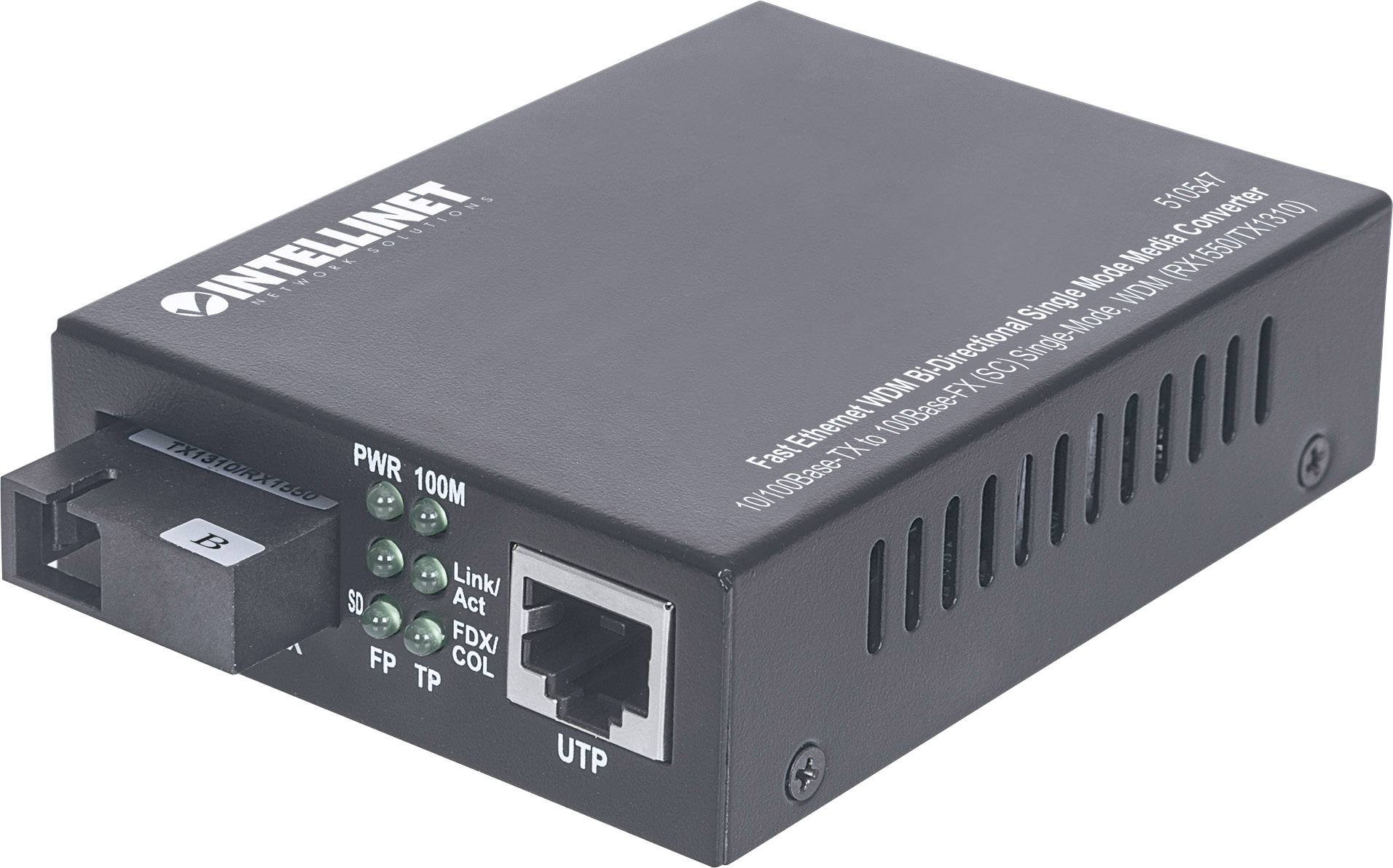 Schwarzer Netzwerk-Medienkonverter mit einem Glasfaseranschluss und einem Ethernet-Port. Markenname 'Intellinet' aufgedruckt.