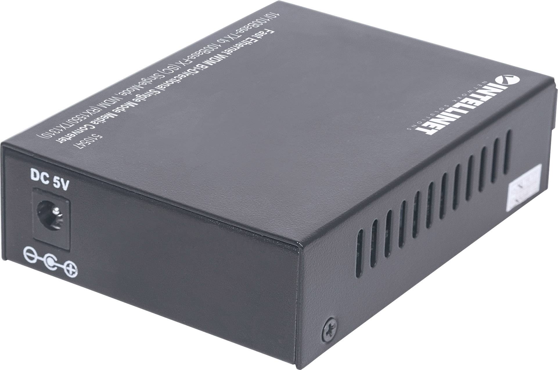 Ein schwarzer Medienkonverter mit der Aufschrift 'Intelinet'. Er hat einen DC 5V Stromanschluss und Belüftungsschlitze an der Seite.