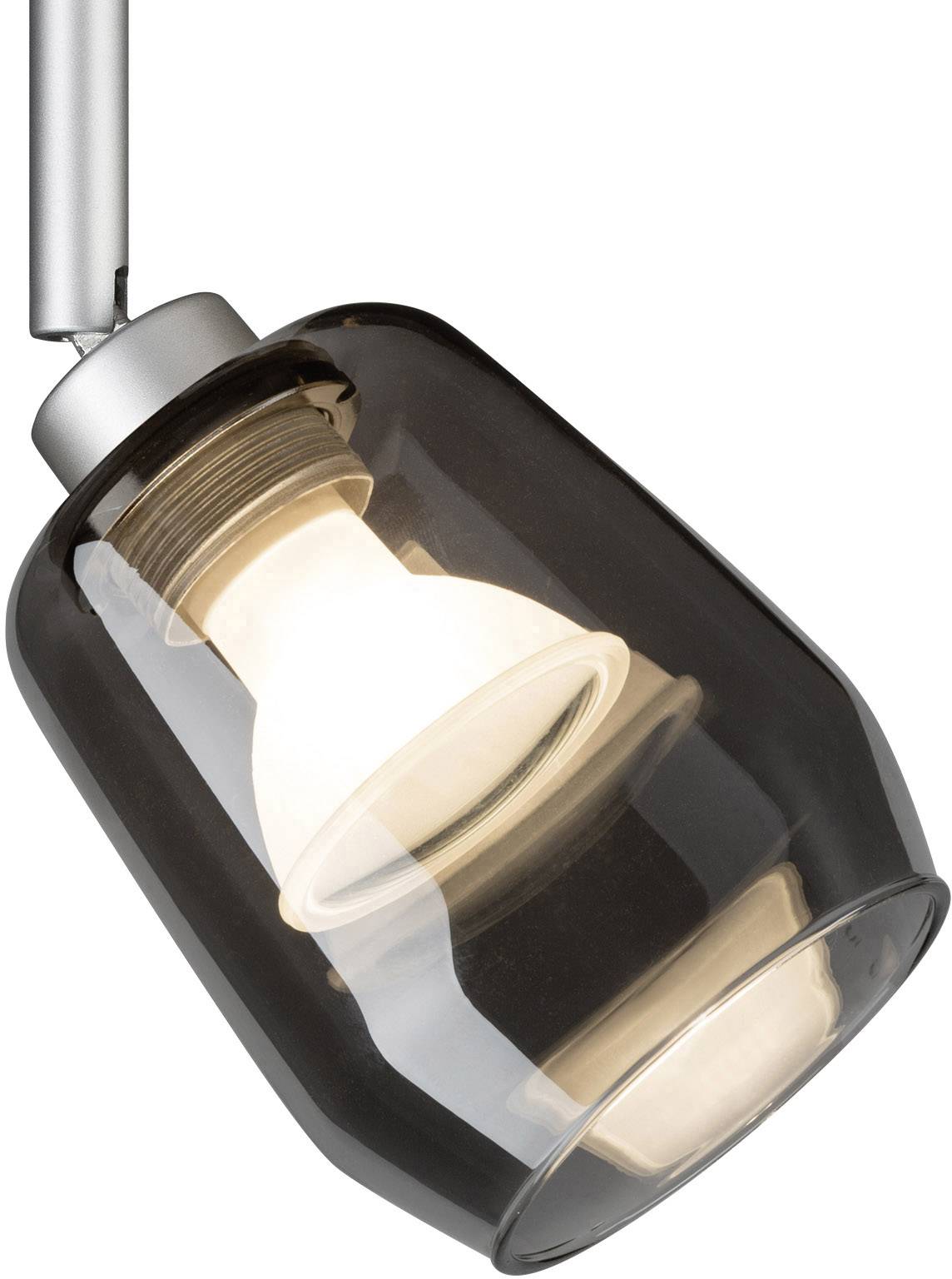 Eine Glühbirne leuchtet innerhalb einer dunkel getönten Hängelampe mit modernem Design.