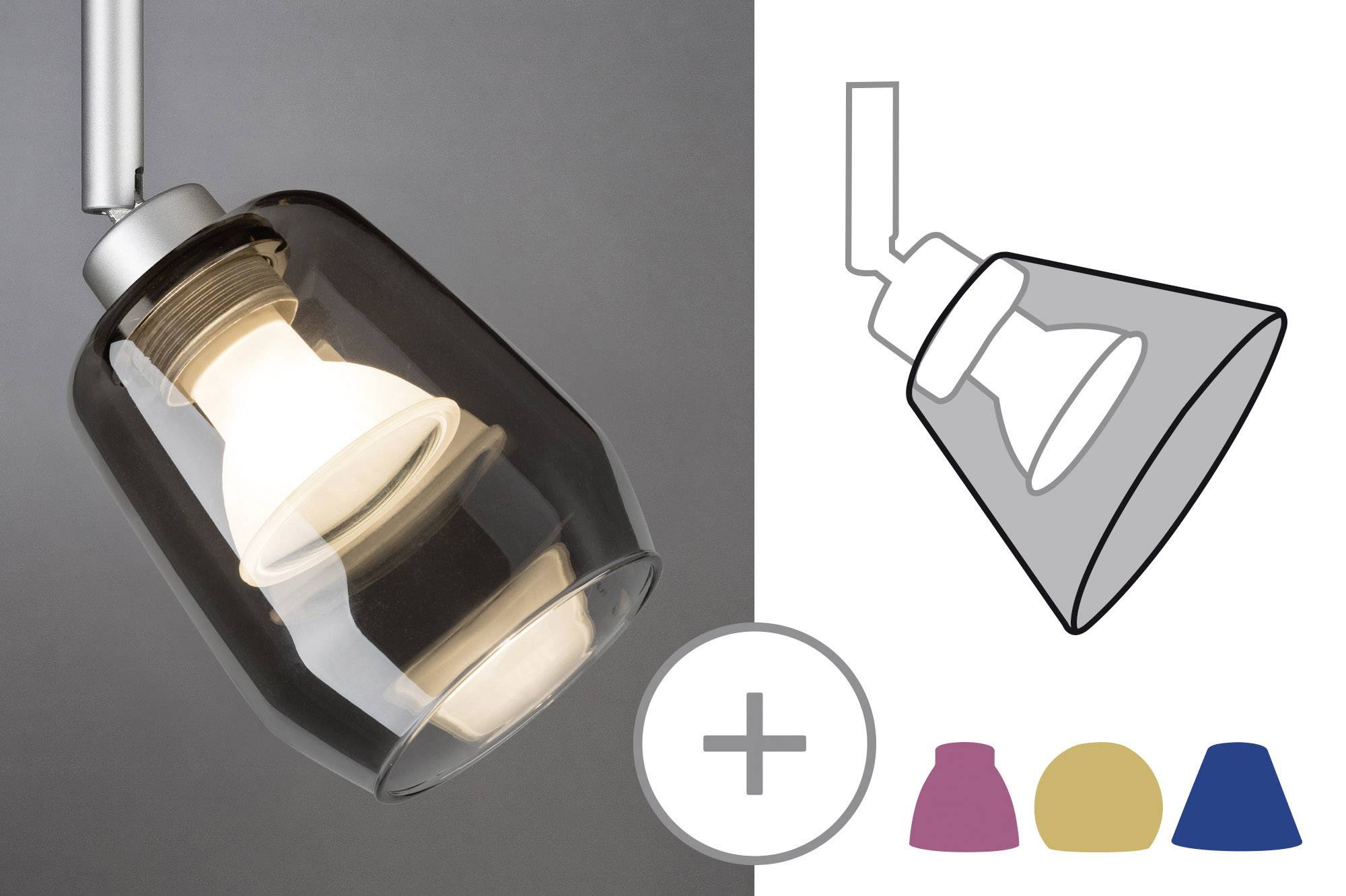 Hängelampe mit transparentem Glas; daneben eine Grafik und Farboptionen für den Lampenschirm: rosa, gold, blau.