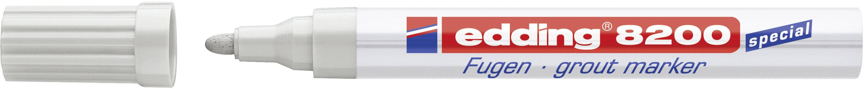 Der 'edding 8200 Fugenmarker' mit weißer Kappe und Spitze sichtbar. Er ist zum Übermalen von Fugen gedacht, mit rotem, blauem und weißem Etikett.