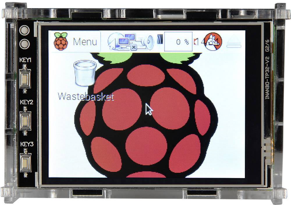 Ein Bildschirm mit der Benutzeroberfläche eines Raspberry Pi, das Raspberry-Logo als Hintergrund und ein 'Wastebasket'-Symbol sichtbar.