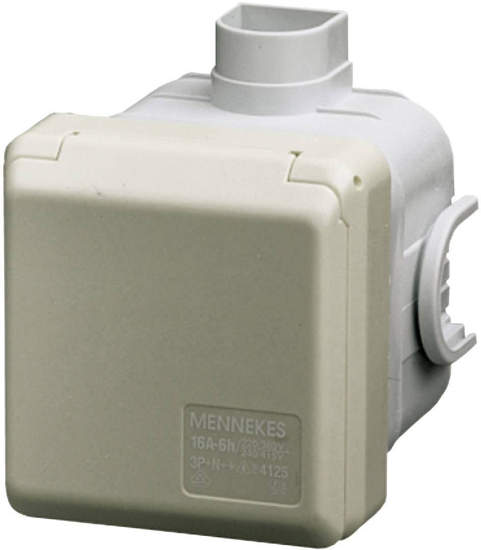 Elektrischer Kasten für technische Installationen, Kunststoffgehäuse, mit Aufschrift 'MENNEKES 16A-6h/380V-415V 3P+N+PE A314125'.