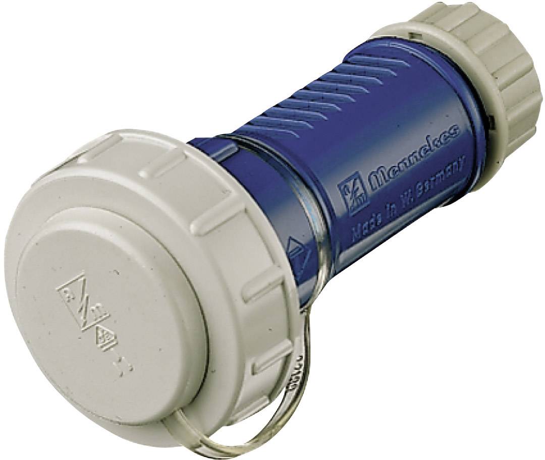 Ein blauer, zylindrischer CEE-Industriestecker mit grauen Endkappen. Auf dem Stecker steht 'Made in Germany'.