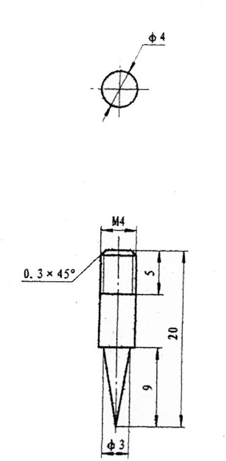 Technische Zeichnung eines Bolzens mit konischer Spitze. Maße: Gesamtlänge 20 mm, Spitze 9 mm, Durchmesser oben 4 mm, unten 3 mm.
