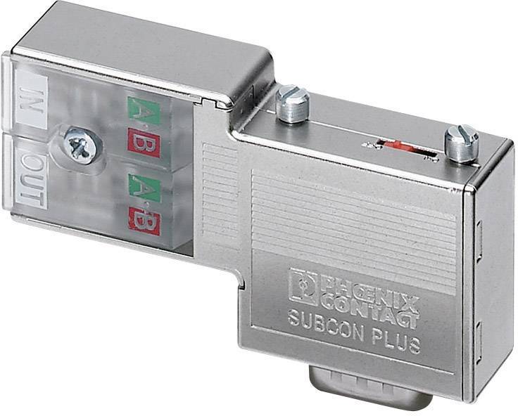 Metallisch aussehender Adapter von Phoenix Contact mit 'IN' und 'OUT'-Beschriftung, zeigt interne Farbkodierungen für Verbindungen.