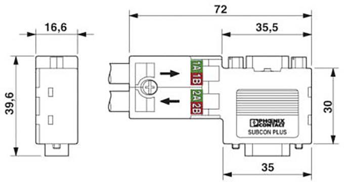Technische Zeichnung eines elektrischen Verbinders. Maße: 72x39,6 mm, Pfeile für Stromflussrichtung, beschriftet mit '1A', '1B', '2A', '2B'.