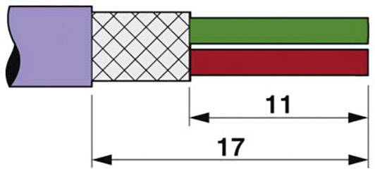 Querschnitt eines Kabels mit zwei Drähten, grün und rot. Länge der Kabelummantelung: 17, Länge der Drähte: 11.