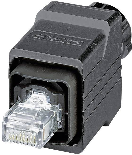 Schwarzer RJ45-Steckeradapter mit transparentem Gehäuse, geeignet für Netzwerkkabelverbindungen.