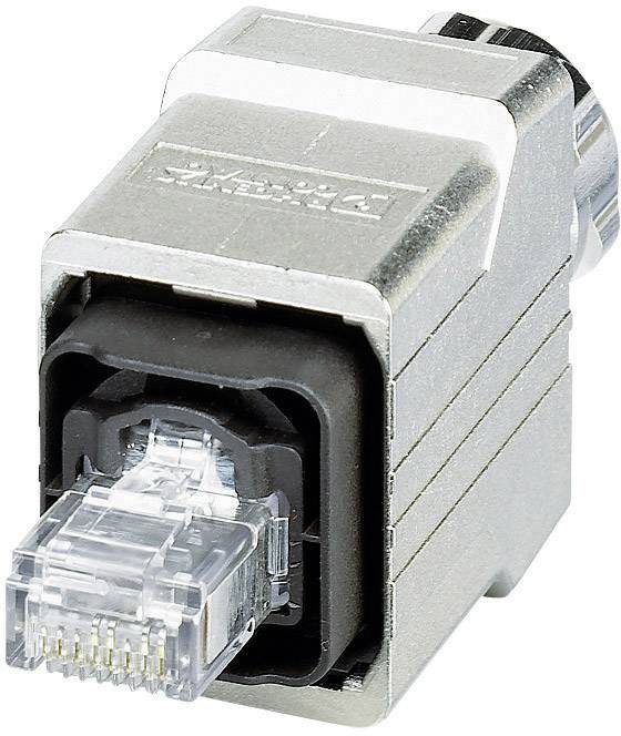 Ein Ethernet-Stecker in einem silbernen Gehäuse, bereit für den Anschluss an ein Netzwerkgerät.