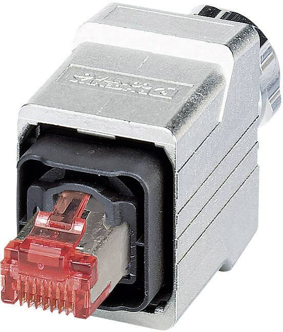 Ein RJ45-Stecker, hauptsächlich für Netzwerkverbindungen verwendet, mit einer rot-transparenten Kunststoffabdeckung über den Kontaktstiften.