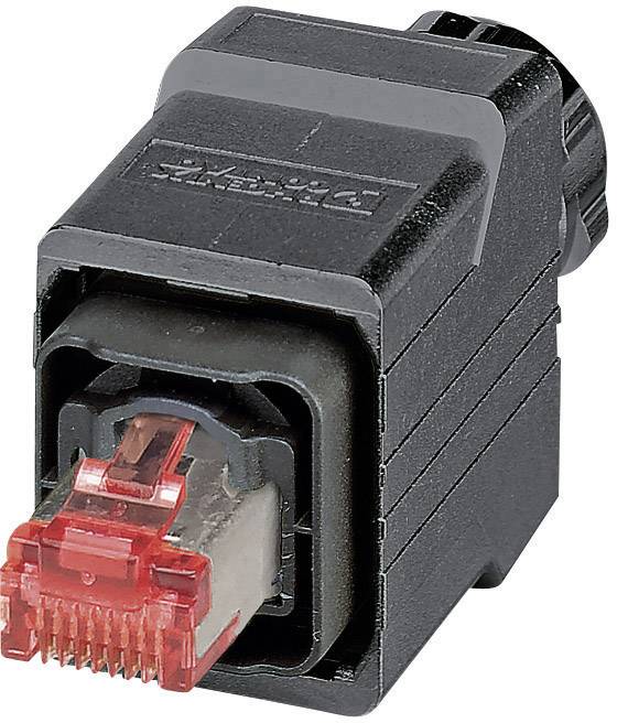 Ein schwarzer Adapter mit einem roten Stecker, vermutlich für Netzwerkverbindungen, von der Marke Phoenix Contact.