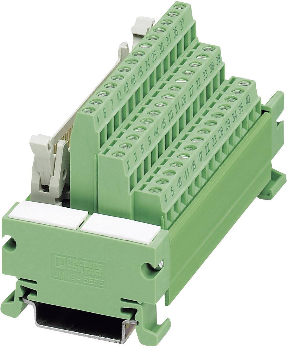 Grüner elektrischer Reihenklemmenblock mit zahlreichen Anschlusspunkten und Nummerierungen, montierbar auf einer Schiene.