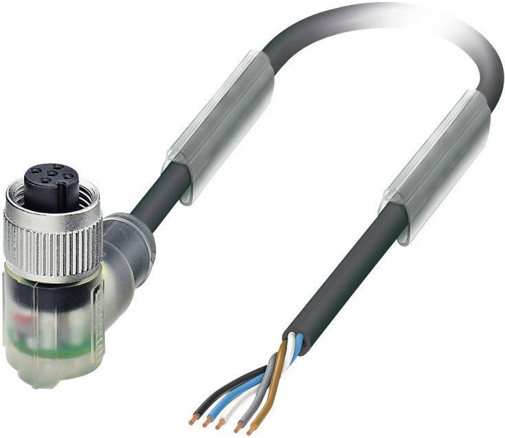 Ein abgewinkelter elektrischer Steckverbinder mit offenem Kabelende, zeigt fünf farbige Kabeladern, geeignet für Verkabelungen.