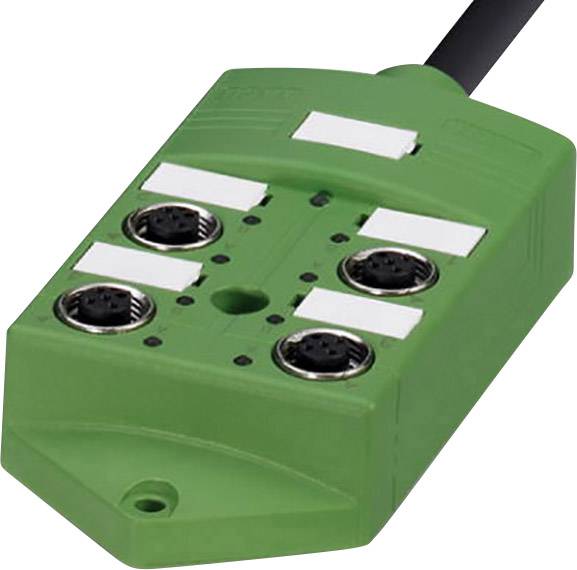 Grüner Anschlussstecker mit vier runden Anschlüssen und einem Kabel. Verwendet zur Verbindung und Steuerung elektronischer Geräte.