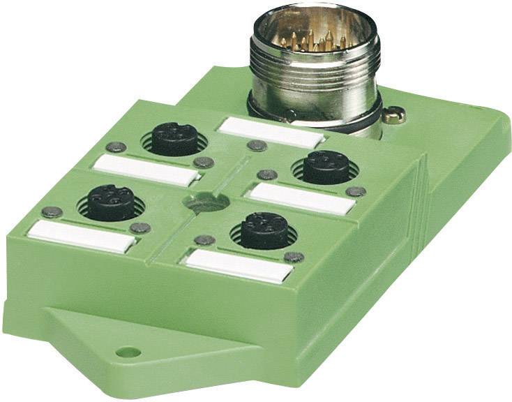 Grünes elektronisches Modul mit fünf Steckplätzen und einem runden, metallischen Anschluss an der Oberseite.