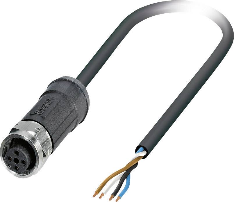 Ein schwarzes Kabel mit einem männlichen Steckverbinder an einem Ende und vier freiliegenden, farbcodierten Drähten (braun, weiß, blau, schwarz) am anderen Ende.