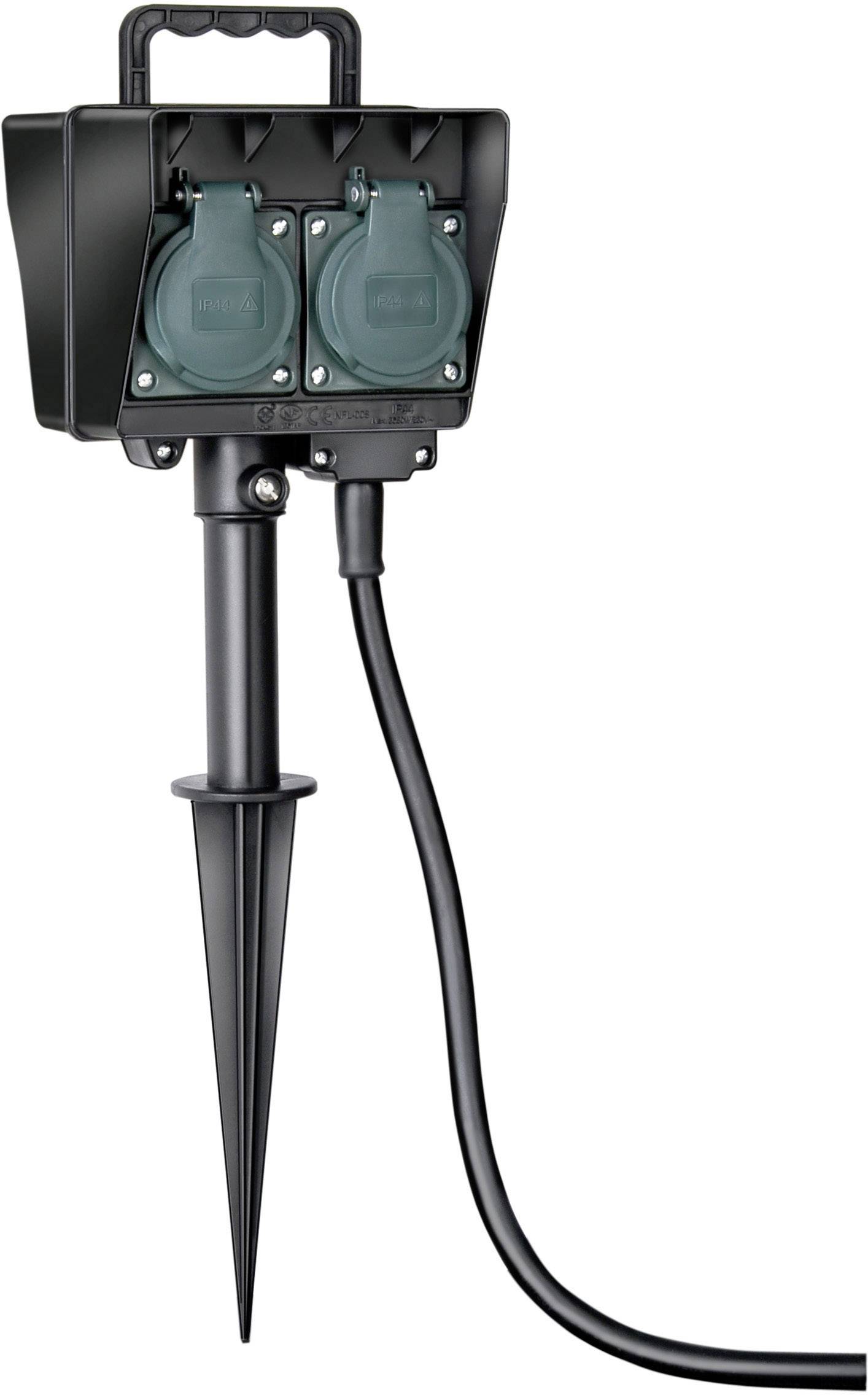 Steckdosensäule mit zwei Außensteckdosen auf Erdspieß. Geeignet zur Stromversorgung im Garten. Schwarzes Gehäuse, grüner Schutzdeckel.