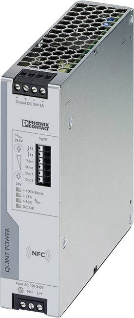 Ein silbernes Schaltnetzteil von Phoenix Contact mit NFC-Logo. Auf der Vorderseite sind verschiedene technische Spezifikationen abgebildet.