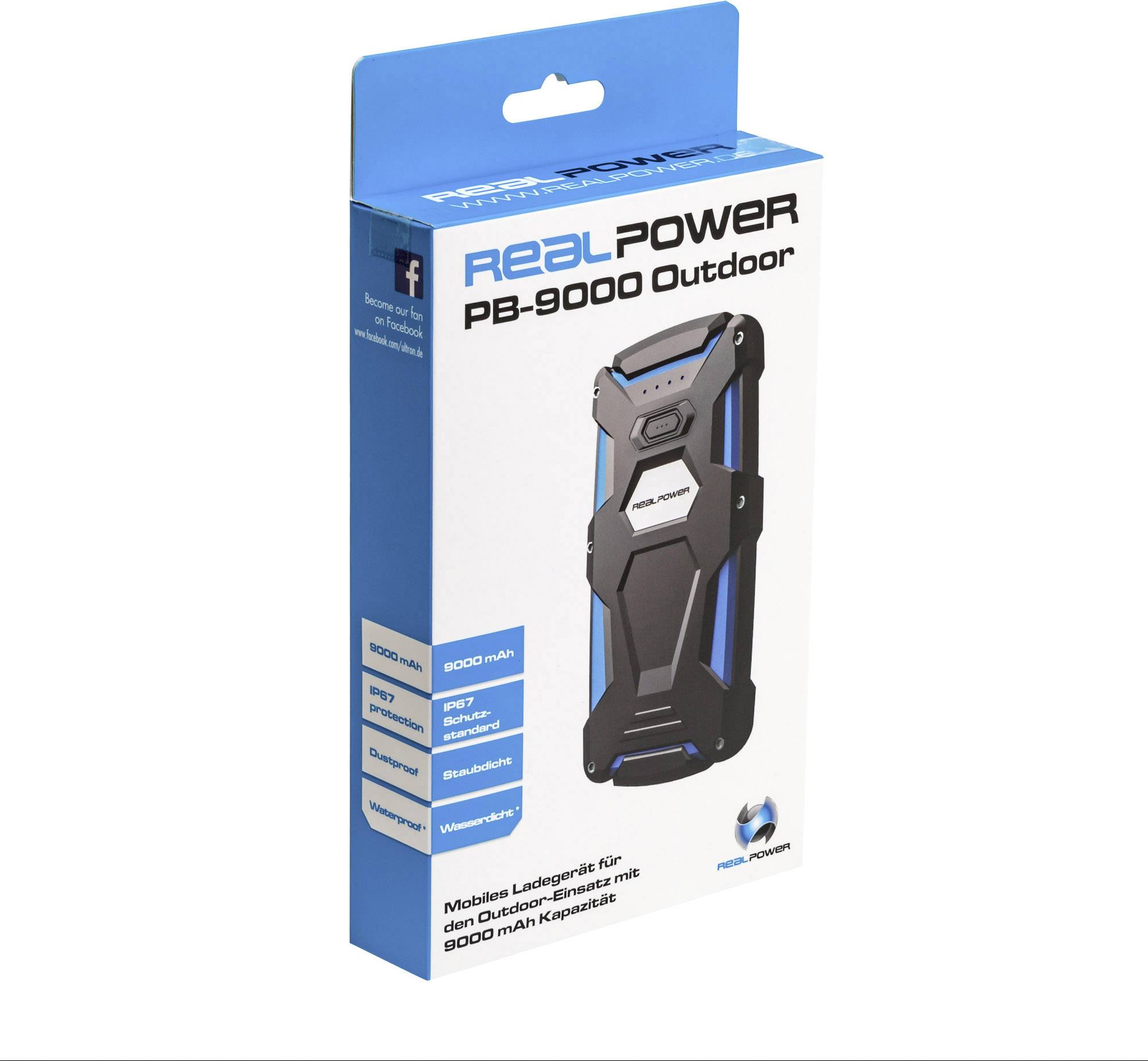RealPower PB-9000 Outdoor Powerbank 9000 mAh Li-Ion Schwarz, Blau