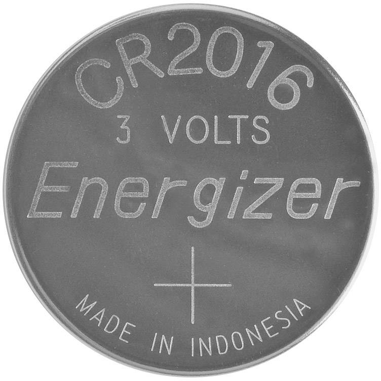 Eine Knopfzellenbatterie mit der Aufschrift 'CR2016 3 Volts Energizer Made in Indonesia'.