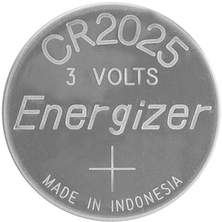 Runde Knopfzellenbatterie 'Energizer CR2025' mit 3 Volt und Herkunftsangabe 'Made in Indonesia'.
