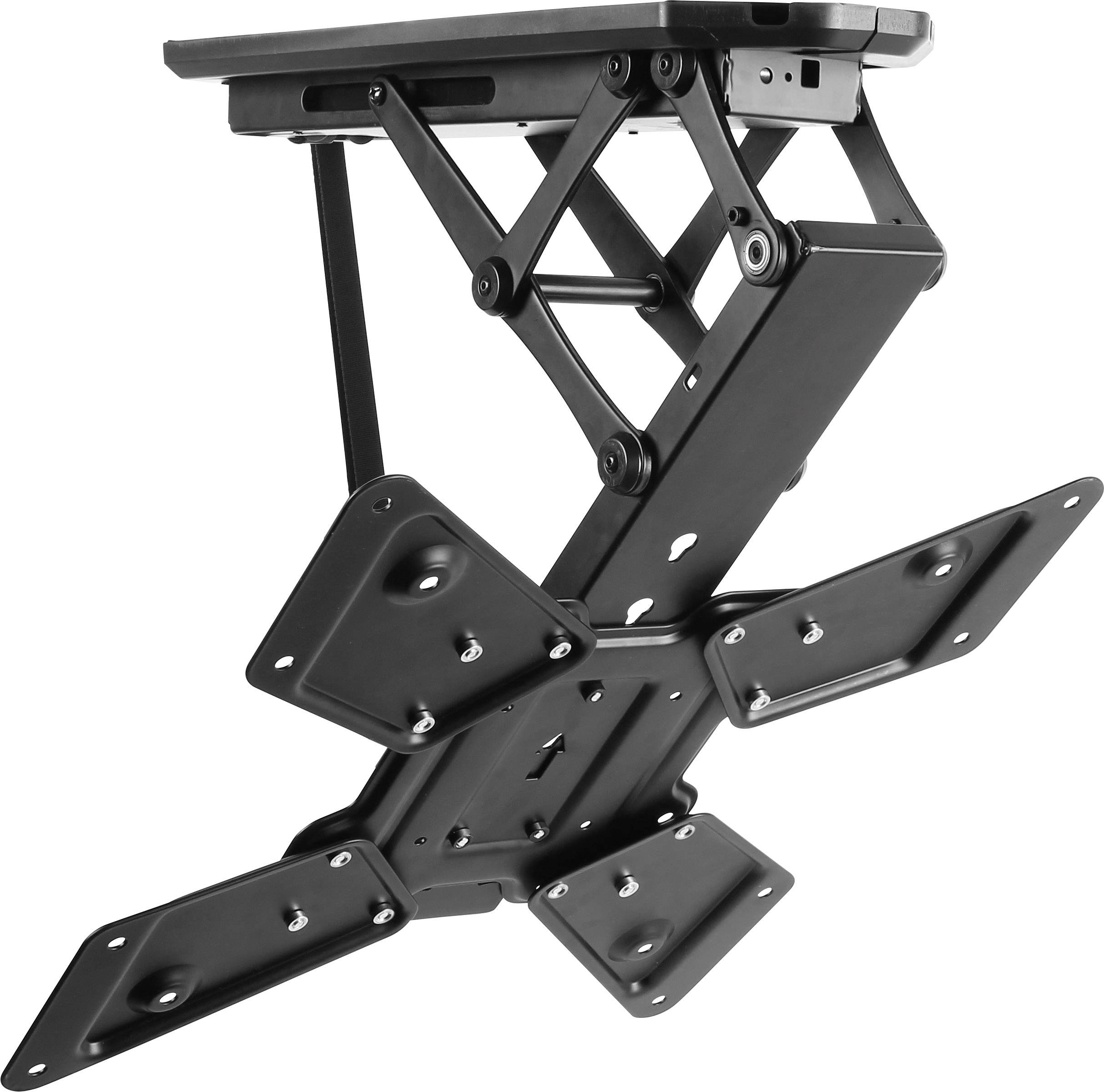 Schwarze TV-Halterung aus Metall mit verstellbarem Arm und Wandmontage, geeignet zur Installation von Fernsehgeräten.