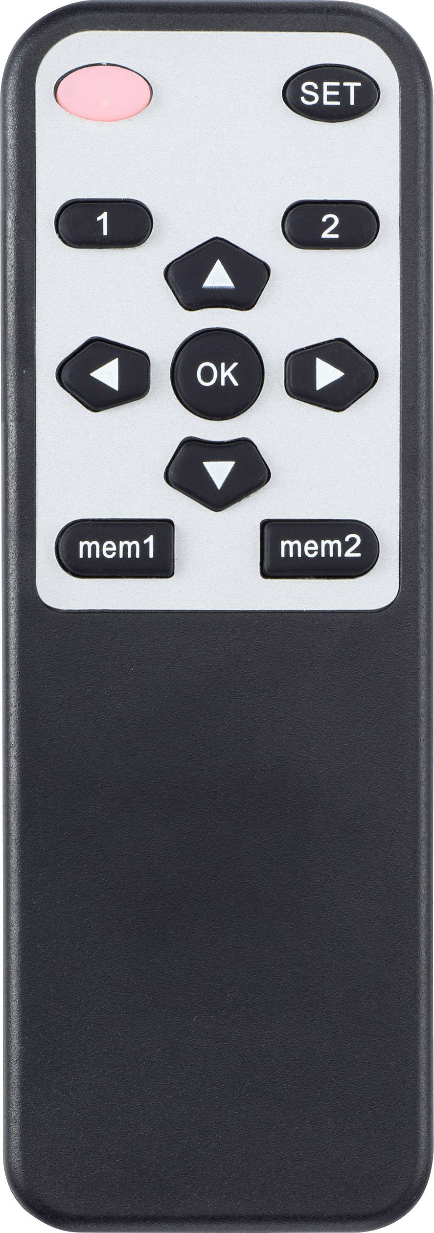 Handfernbedienung mit Tasten: '1', '2', Richtungspfeile, 'OK', 'SET', 'mem1', 'mem2'. Rote Leuchte oben links.