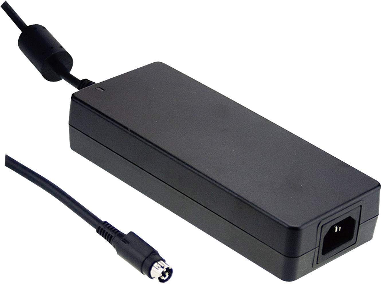 Schwarzes Netzteil mit abnehmbarem Stromkabel und einem Stecker.