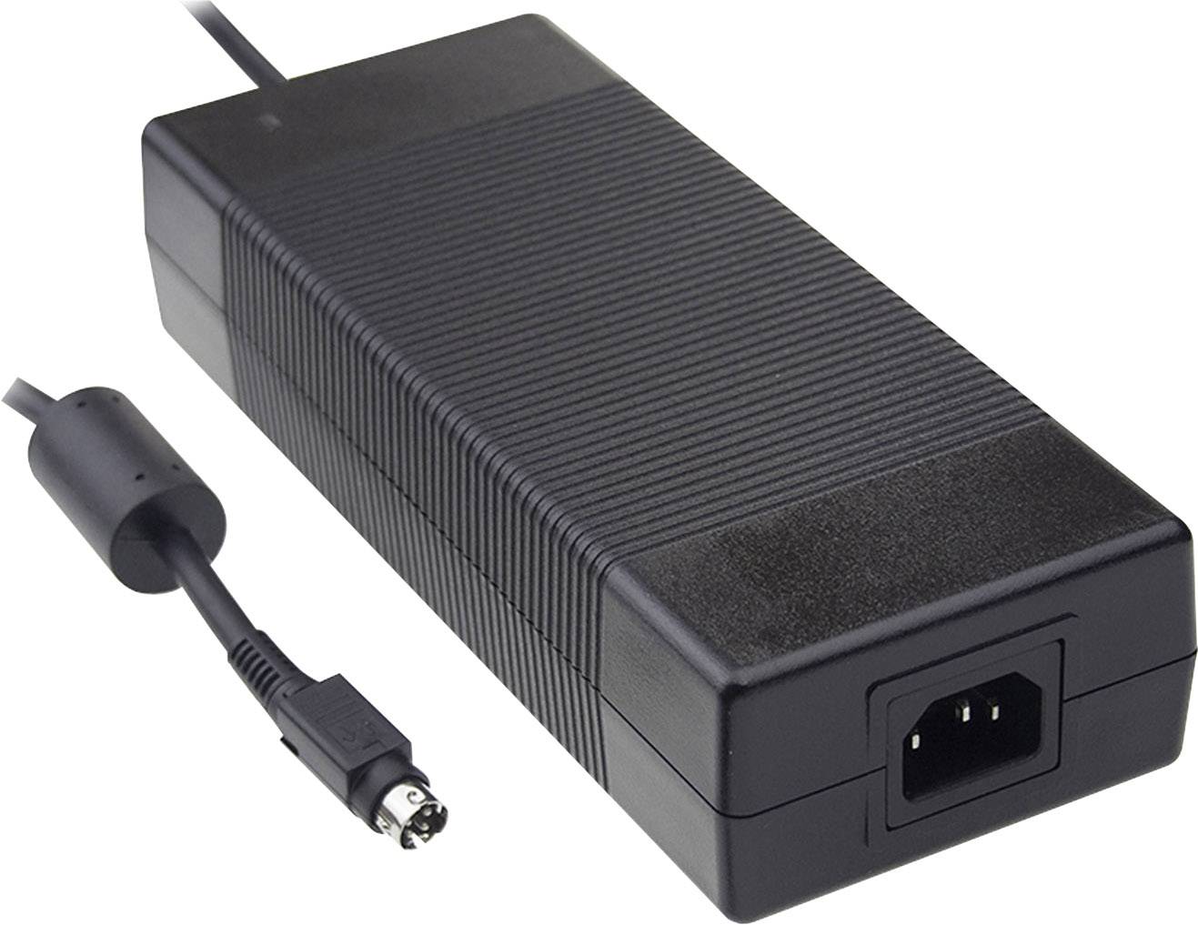 Ein schwarzes Netzteil mit Kabel und sechspoligem Stecker. Es ist für elektronische Geräte geeignet.