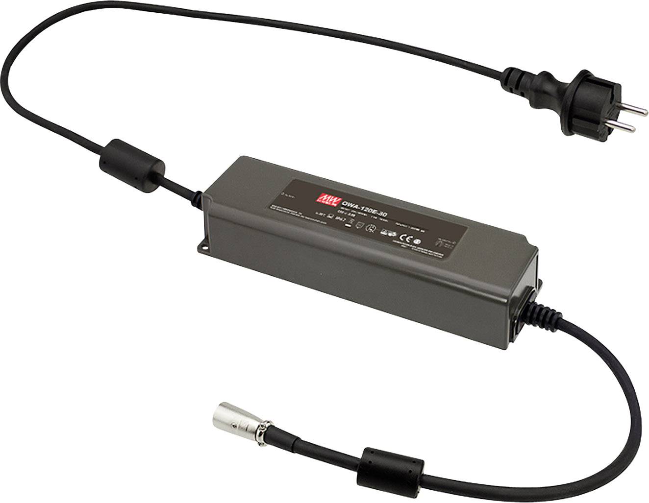 Schwarzes Netzteil mit Netzstecker und Stromkabel. Rechteckiges Gehäuse mit mehreren technischen Spezifikationen aufgedruckt.