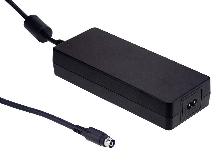 Schwarzes Netzteil mit Netzkabel und DC-Stecker. Es dient zur Stromversorgung elektronischer Geräte.